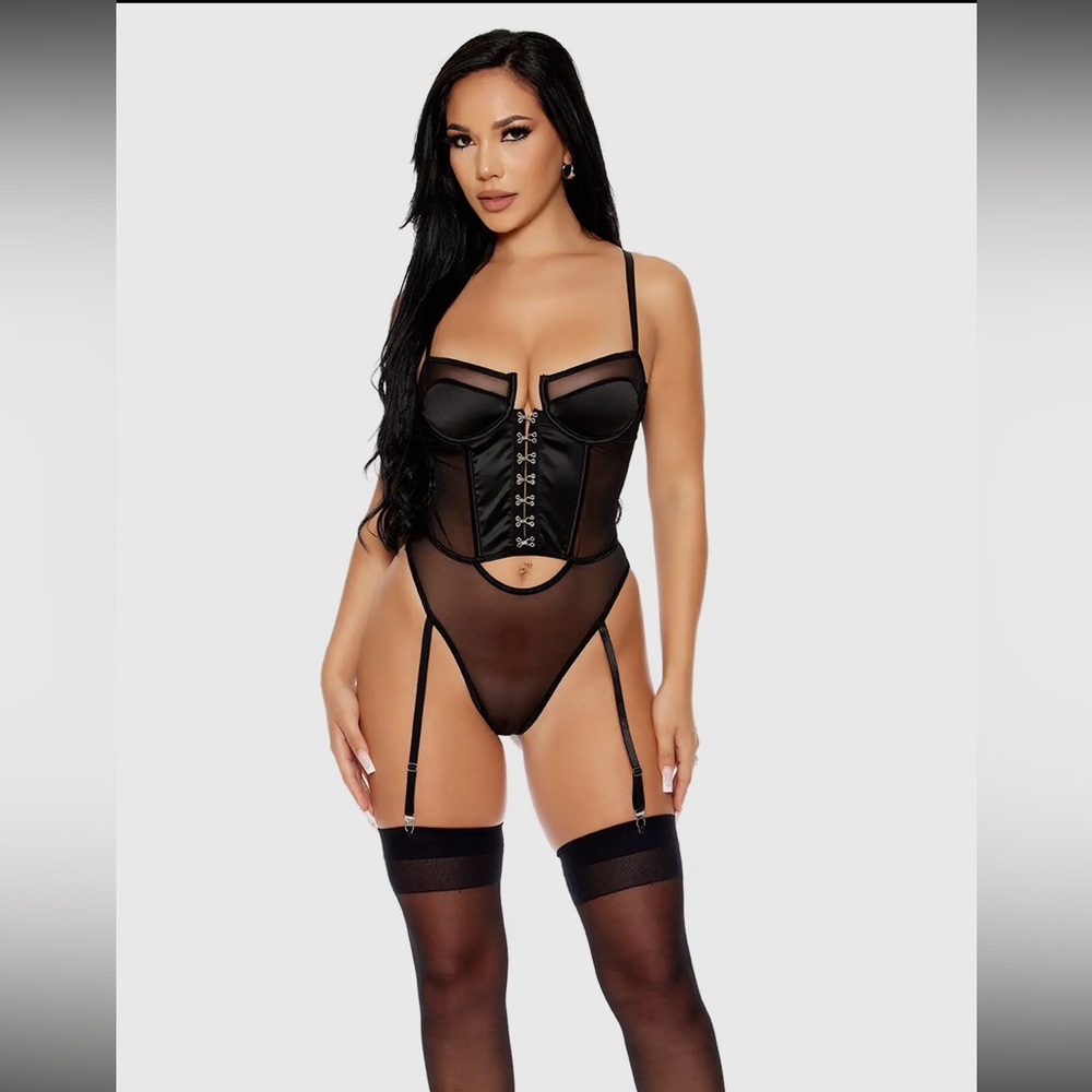 Black Teddy Satin Sheer Corset Bustier Bodysuit - Picture 4 of 7